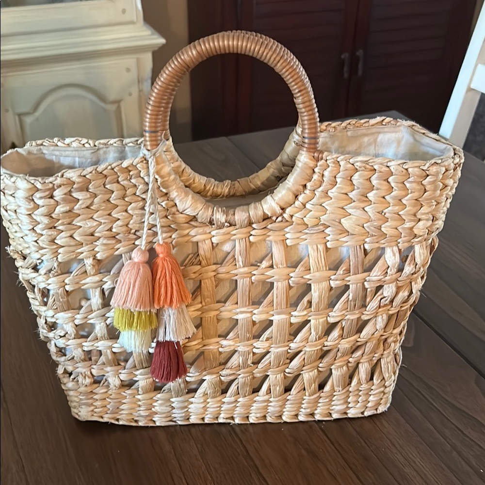 Straw Tote Bag with Tassels